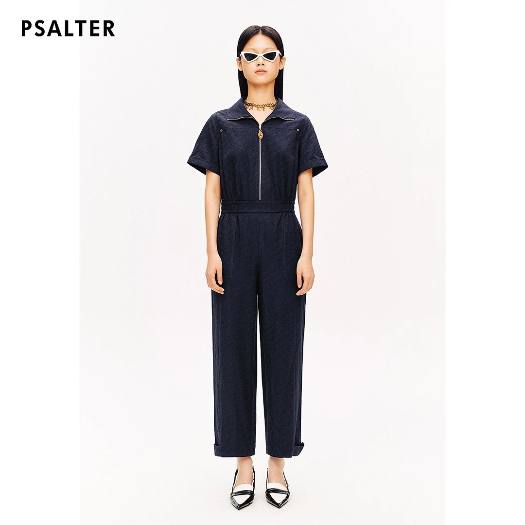 PSALTER诗篇拉链翻领收腰显瘦肌理提花直筒连体裤夏款