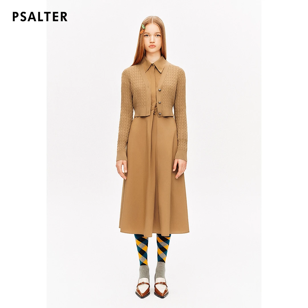 唯独PSALTER诗篇v领复古扭花针织开衫衬衫连衣裙两件套秋款