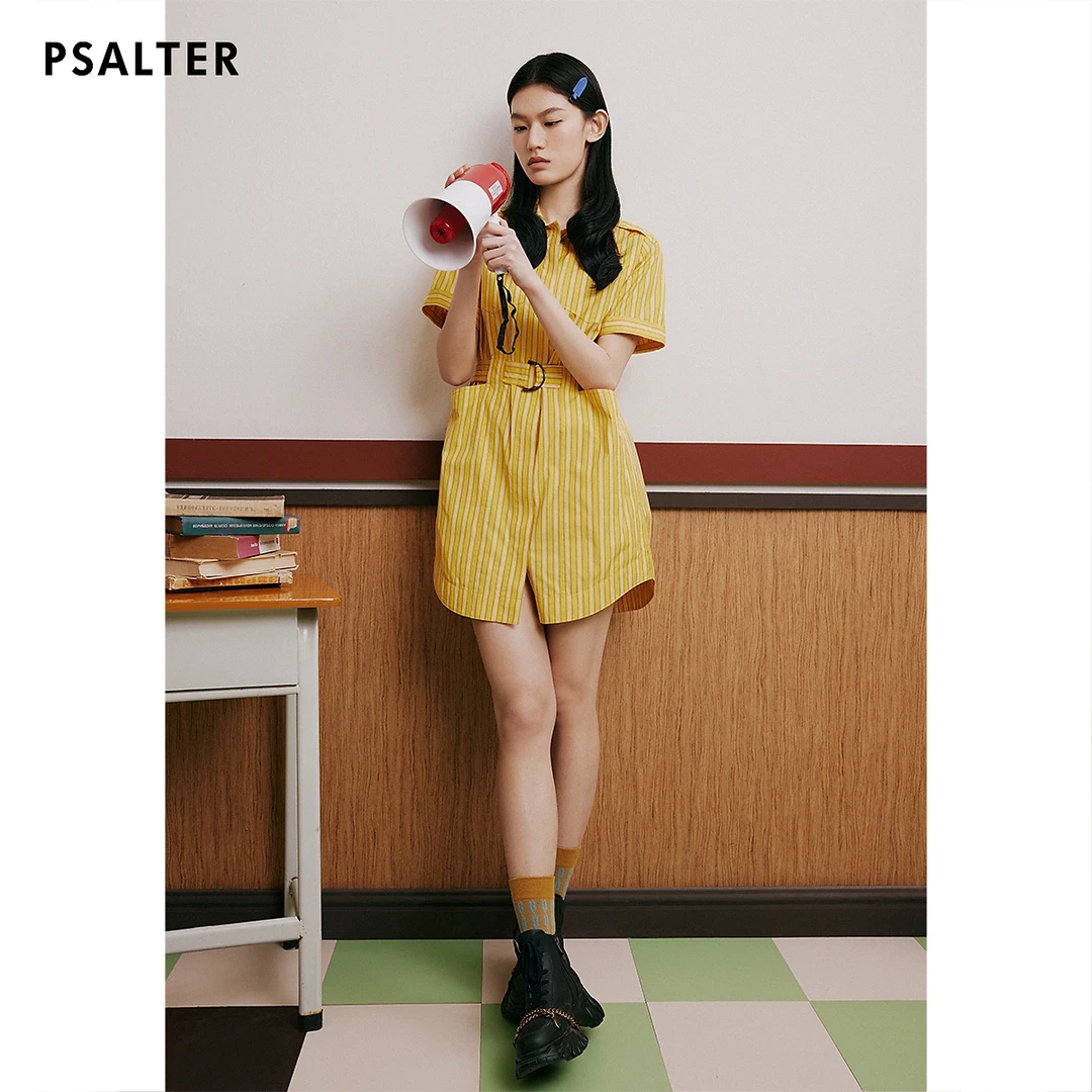 【100%纯棉】PSALTER诗篇翻领腰带收腰学院风条纹衬衫裙连衣裙夏