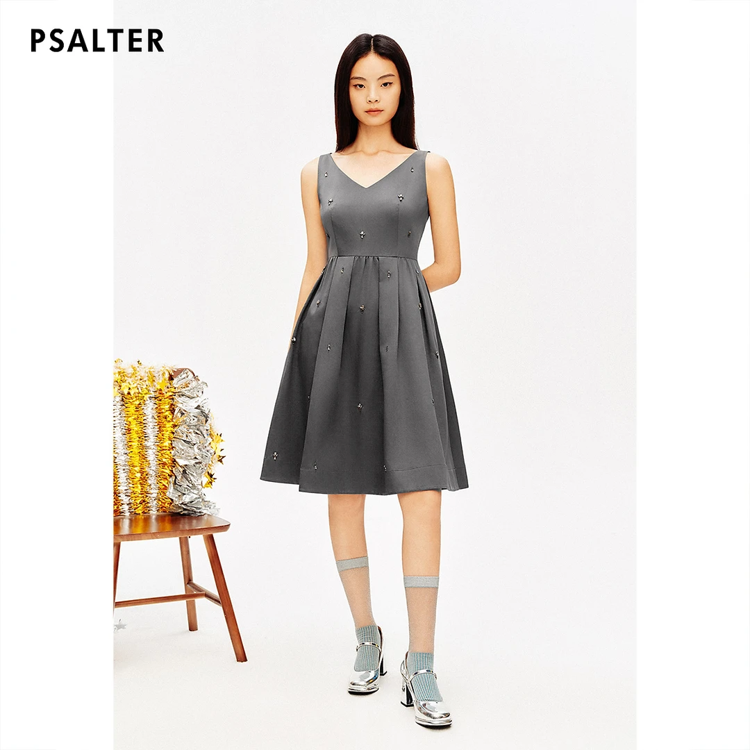 【一秒入夏】PSALTER诗篇羊毛桑蚕丝v领高腰钉钻无袖连衣裙夏款