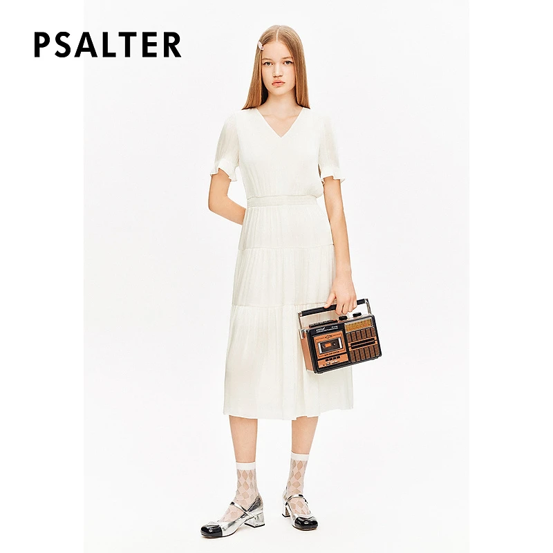 [白月光系列]PSALTER诗篇专选v领法式流光小白裙蛋糕裙连衣裙夏款