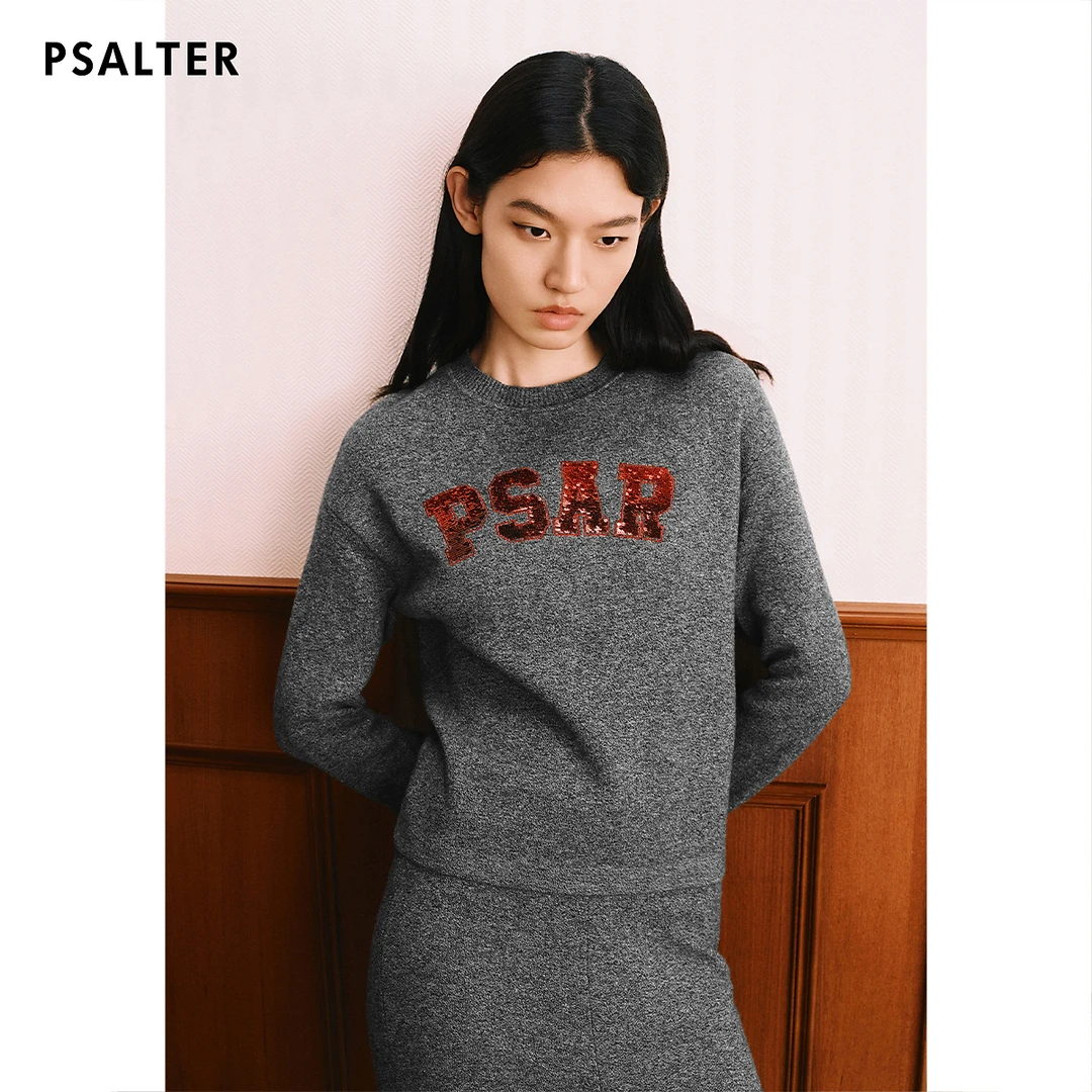 PSALTER诗篇光感绵羊毛学院字母珠片绣花毛衣毛针织衫冬款