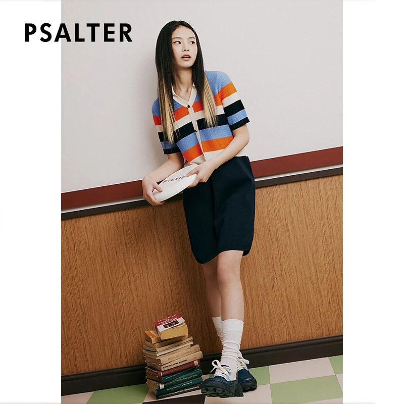 [高智条纹]PSALTER诗篇字母钉珠学院风撞色条纹针织裙连衣裙夏