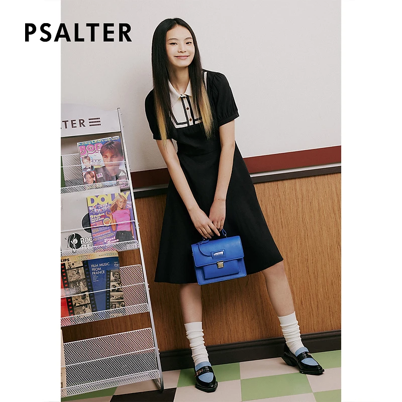 PSALTER诗篇女装夏季撞色polo领针织拼接肌理提花连衣裙