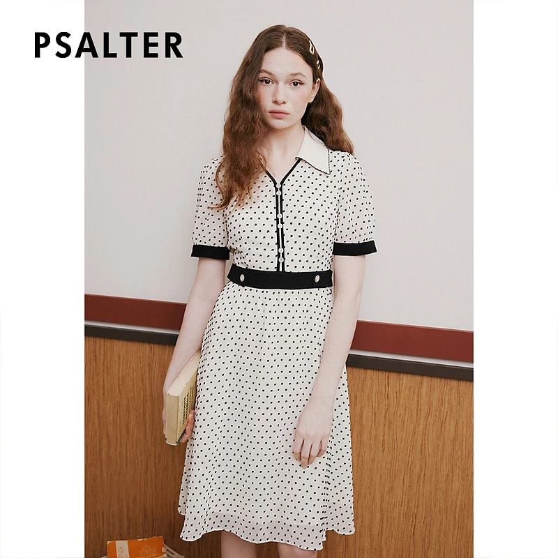 PSALTER诗篇专选收腰显瘦轻薄波点提花雪纺a字裙连衣裙夏