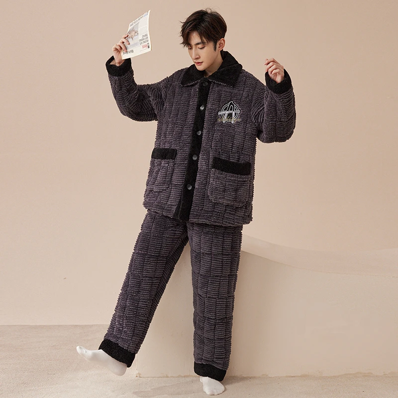 男士睡衣冬季加厚加绒珊瑚绒三层夹棉保暖超厚冬天老人家居服套装