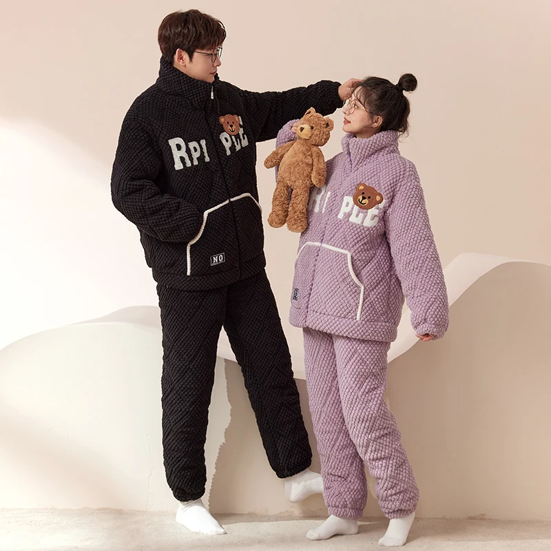 情侣睡衣女秋冬季男珊瑚绒三层夹棉加绒加绒拉链舒适家居服套装