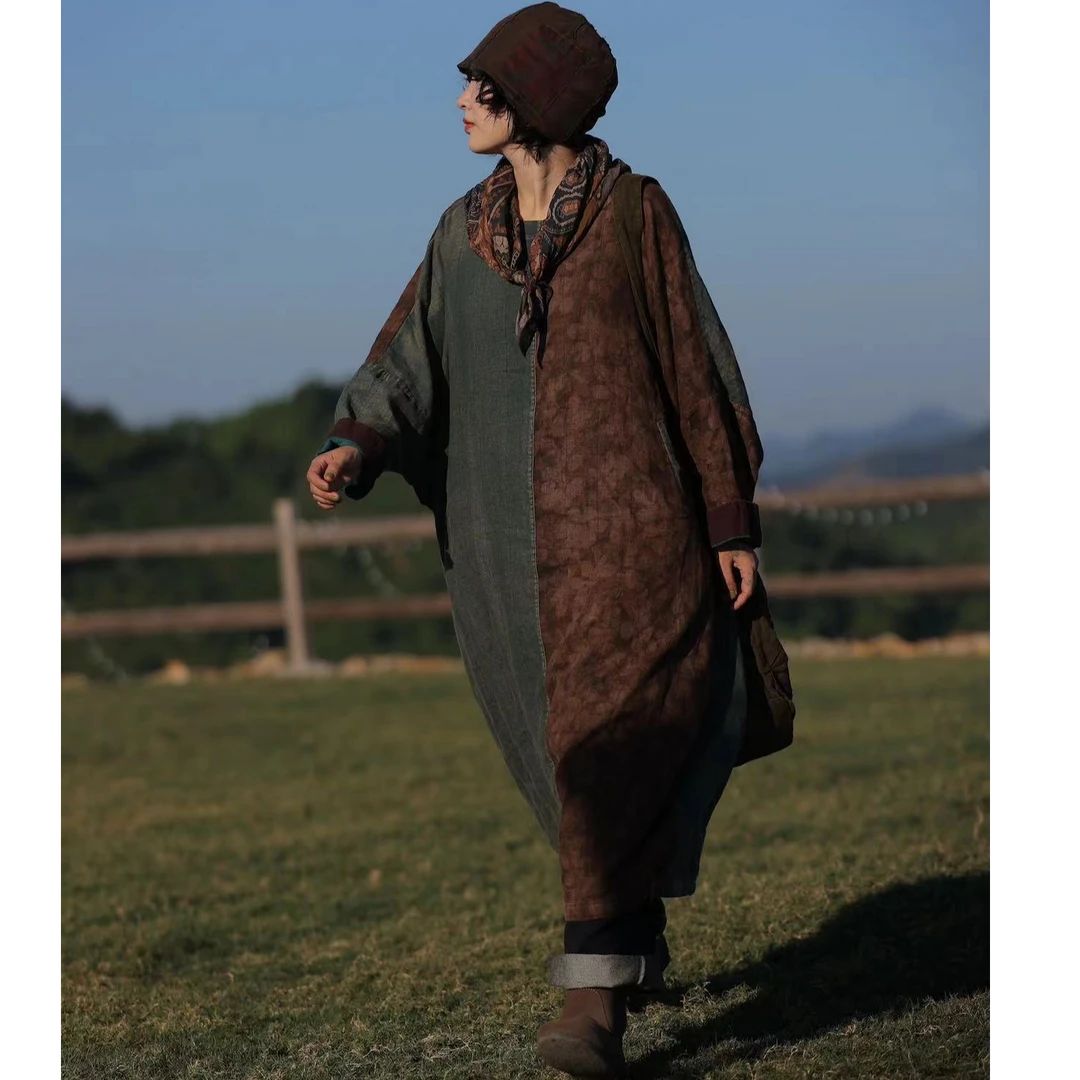 古蘭木-24年早秋新款复古拼接亚麻双层连衣裙6558