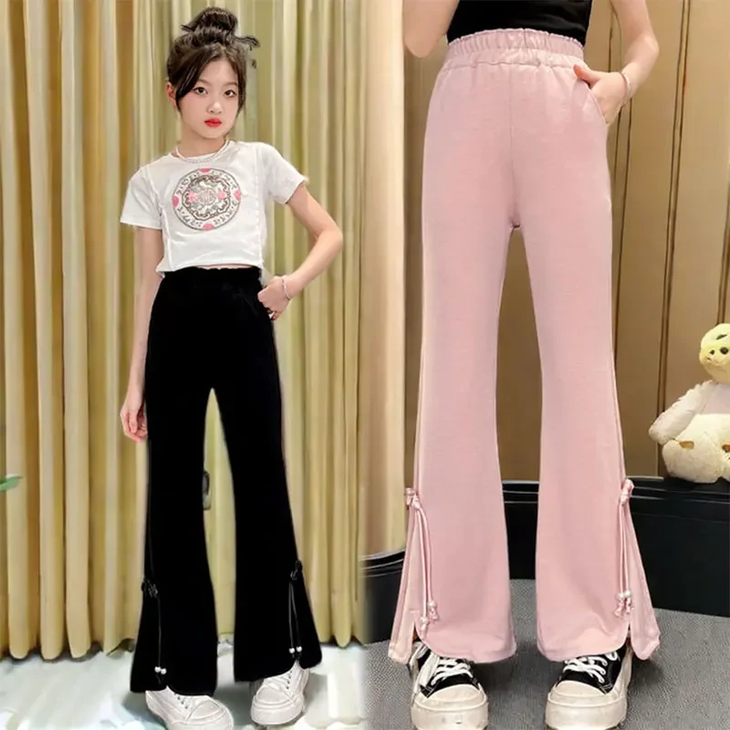 女童国潮时髦喇叭裤春秋2025新款中大童弹力修身显瘦新中式裤子