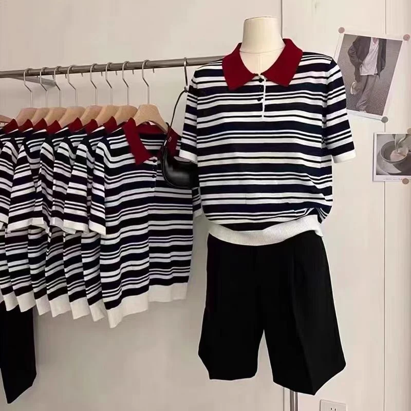 韩版复古洋气简约宽松百搭短袖撞色翻领条纹冰丝针织衫T恤上衣女