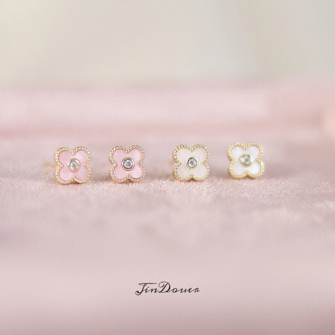 铜合金耳饰 【小经典】四叶草精致耳钉粉色少女耳环韩版气质D096