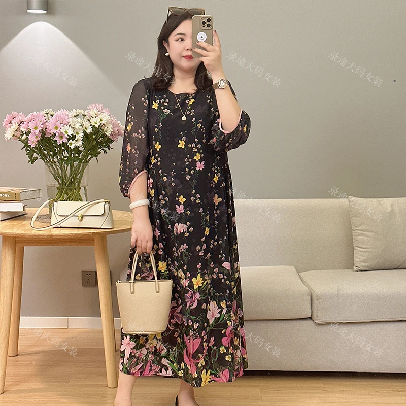 【碎花黑色连衣裙】录途大码女装2024新款200斤胖m显瘦灯笼袖裙子