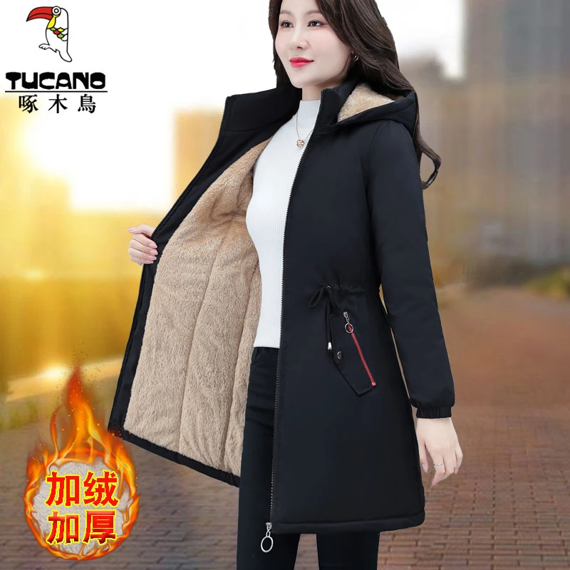 正品啄木鳥棉服女冬季2025新款大码棉衣加绒加厚中长款外套棉袄子