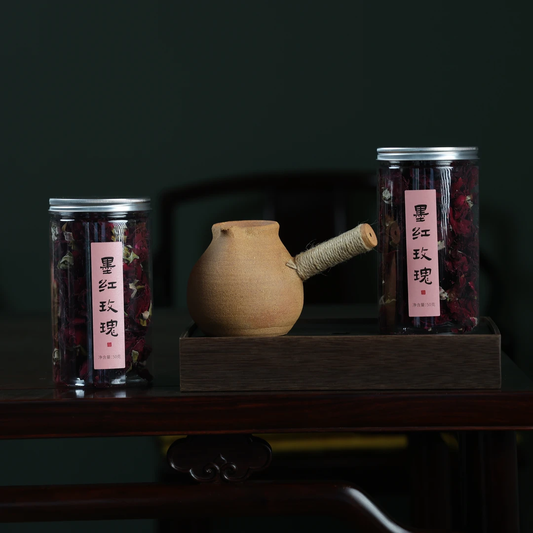 【●本色●手工云南粗陶侧把烤茶罐烤奶罐+墨红玫瑰50克*2罐】组合装