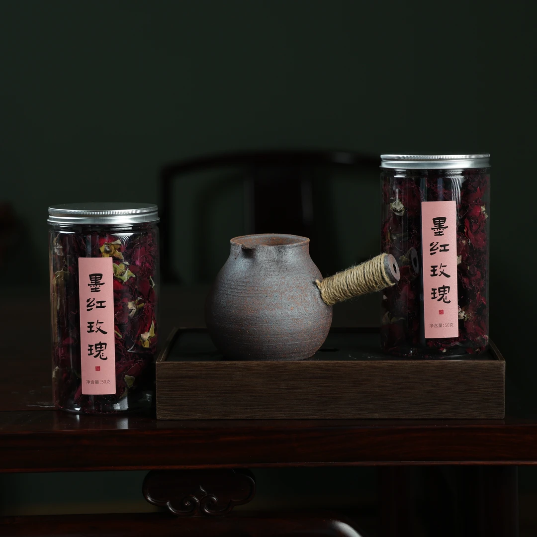 【铁釉色●手工云南粗陶侧把烤茶罐烤奶罐+墨红玫瑰50克*2罐】组合装