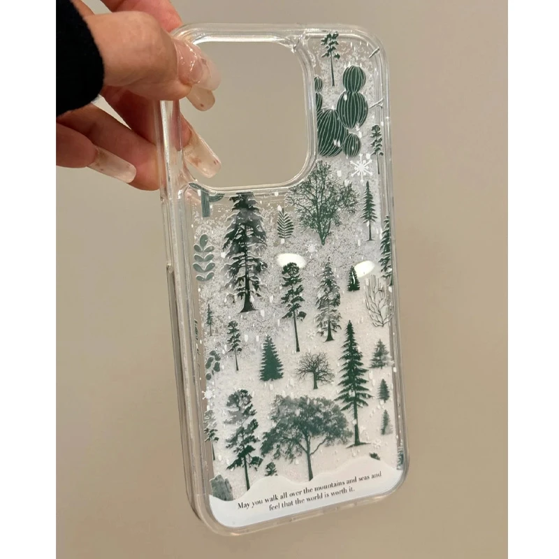 简约透明流沙绿色树木适用iphone16promax苹果15手机壳14/13