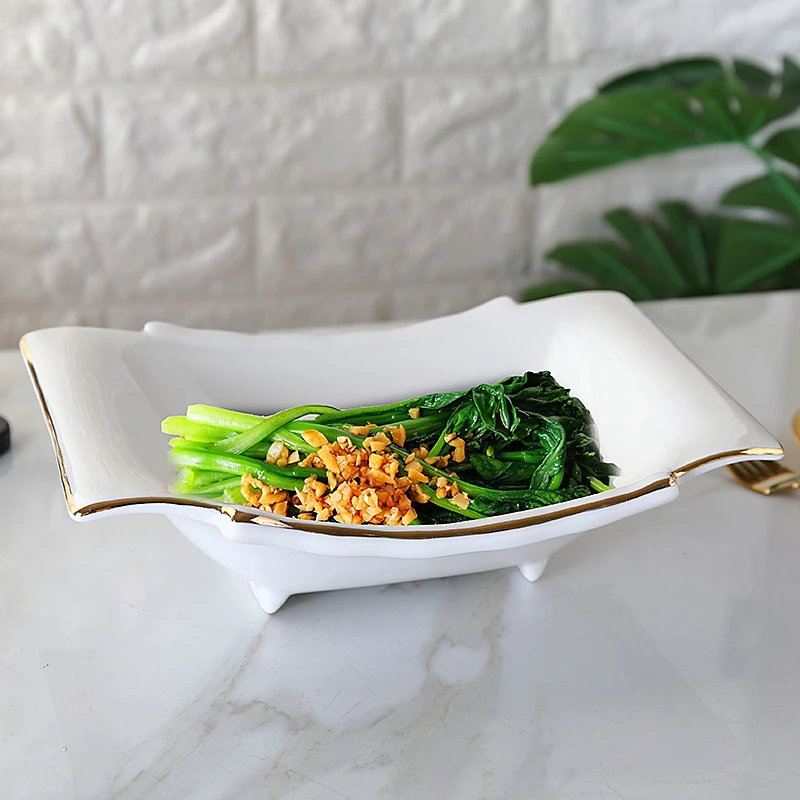 描金创意家用大号陶瓷菜盘酒店餐具异形菜盘子竹片水果沙拉碗汤碗