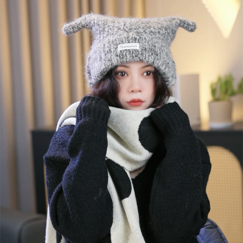 可爱耳朵毛绒帽女毛茸茸帽子2024新款秋冬季保暖护耳针织毛线帽子