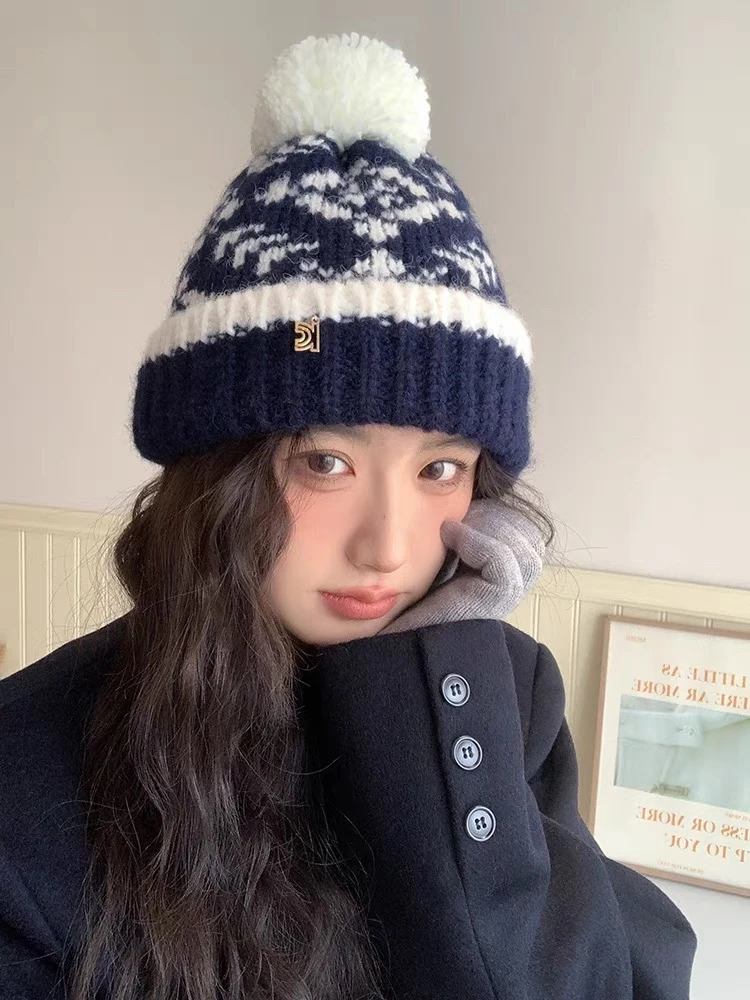 2024复古费尔岛风毛线帽子女冬季加厚加绒保暖针织帽可爱护耳冷帽