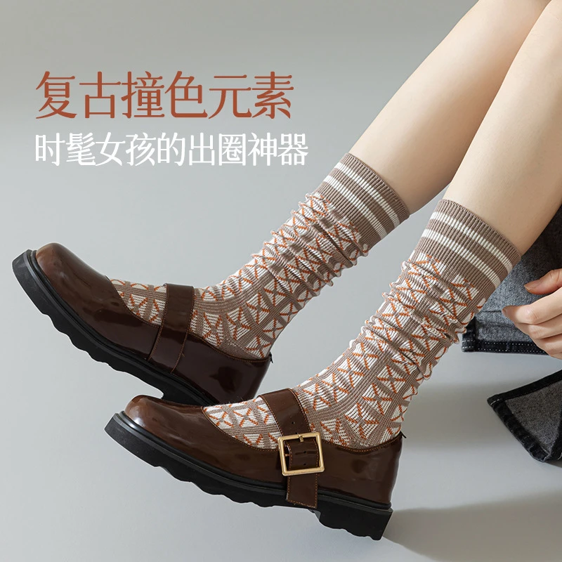 袜子女个性潮流百搭小腿袜设计感秋季薄款长袜学院风女袜撞色堆袜