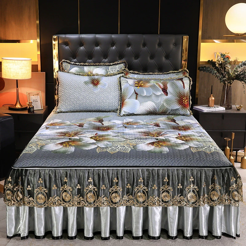 夏席子床裙冰丝席三件套夹棉加厚空调软席蕾丝可机洗脱卸床罩凉席