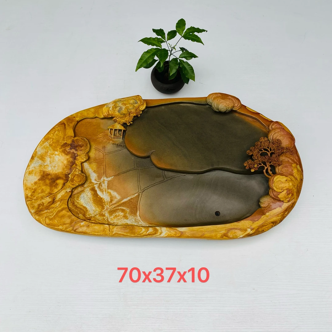 端砚石绿端金包玉手工雕刻茶盘