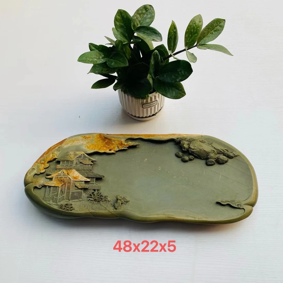 端砚石绿端精工雕刻干泡盘