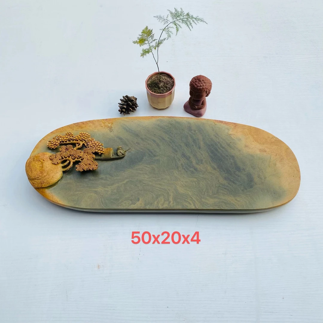 端砚石绿端精雕小干泡盘，尺寸50x20x4