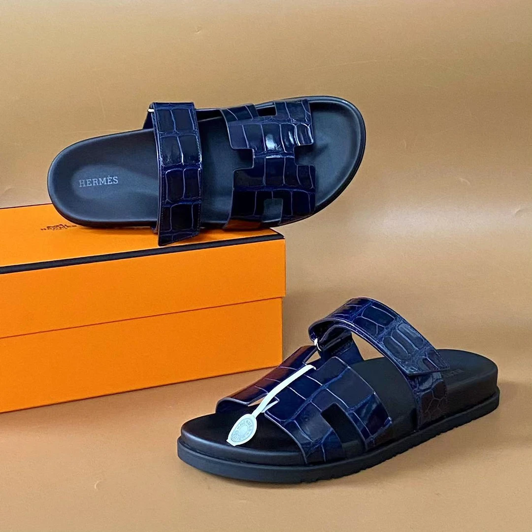 凌翰家高端鳄鱼皮时尚休闲凉鞋拖鞋魔术贴一字拖鞋