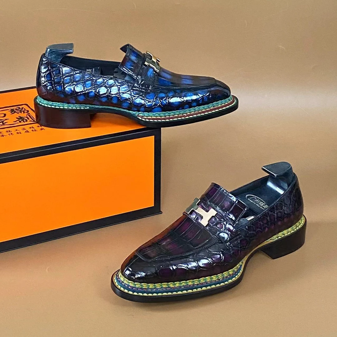 铭哥家高端鳄鱼皮手工固特异挪威缝琴底休闲商务一脚蹬乐福男鞋