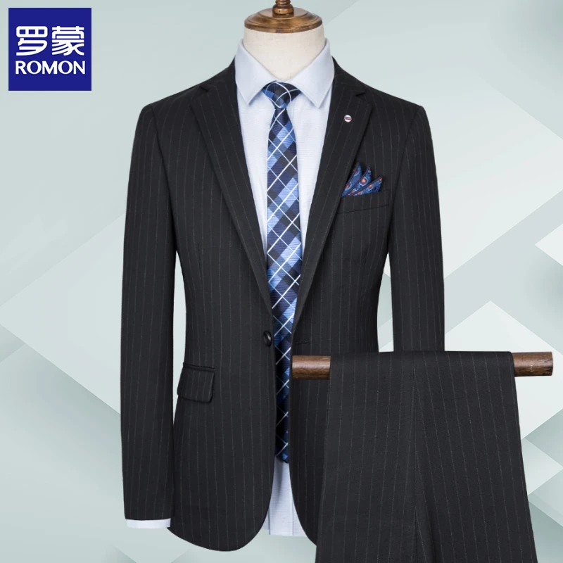【条纹西装】罗蒙黑色条纹西服套装男士商务西装职业新郎伴郎结婚男
