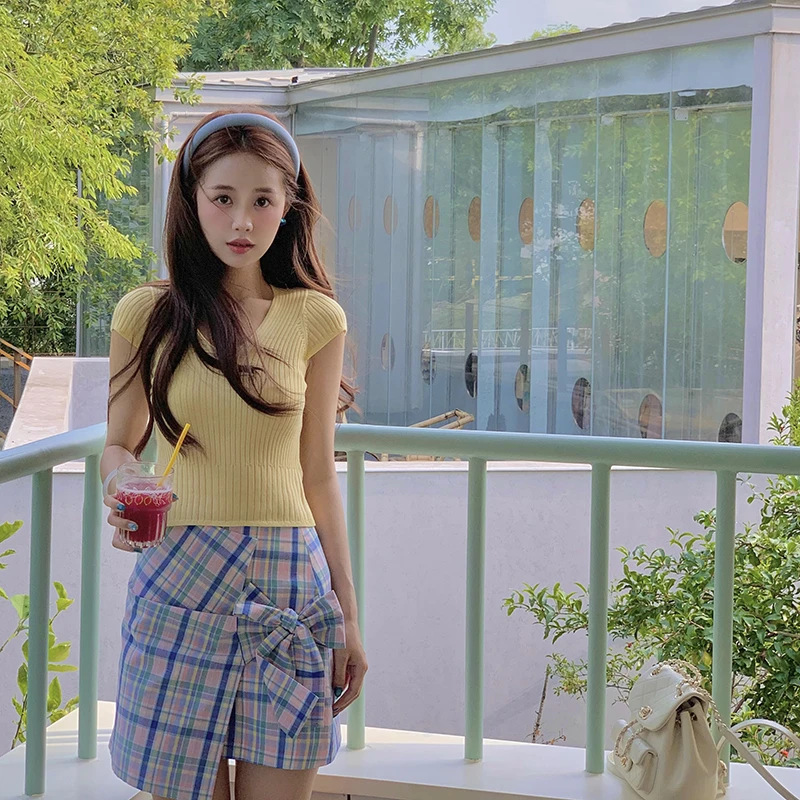赵幺妹 糖果少女~ 格纹系带半身裙 高腰短款时尚显瘦百搭半身裙夏