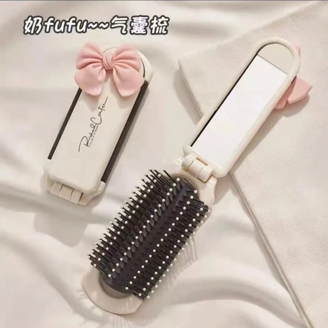 奶白色卡通折叠小梳子随身便携轻奢ins口袋梳迷你按摩梳镜子梳