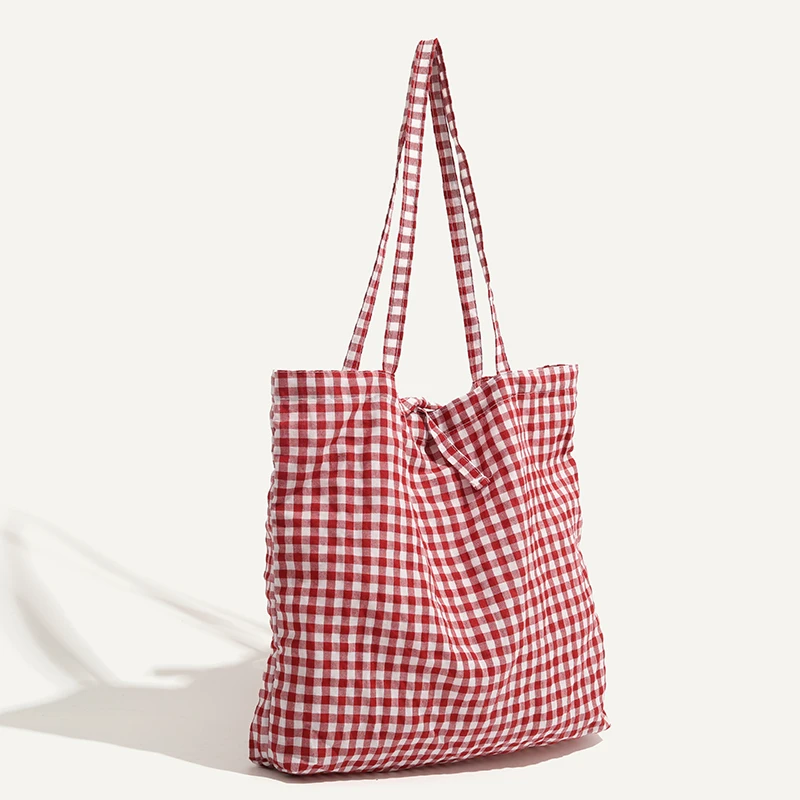 轻便黑白手提单肩包黑白格子ins托特包布包女生购物袋大容量实用