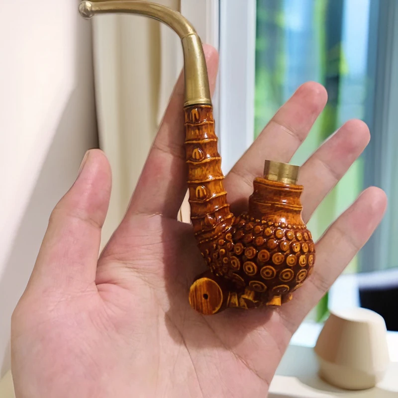 贵州竹雕烟杆一体烟杆实心竹雕烟杆三用火口长14公分漂亮洋气