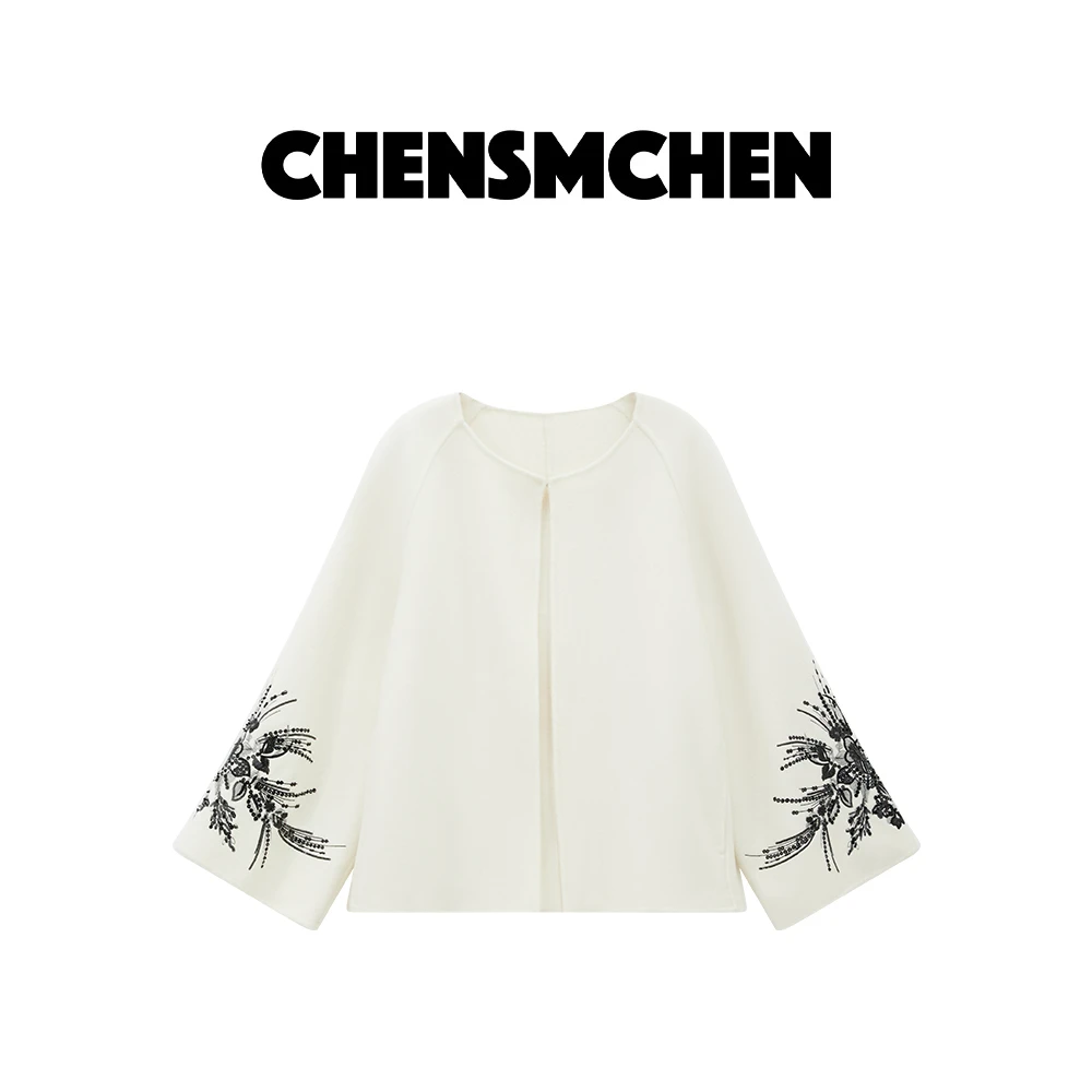 CHENSMCHEN 绵羊毛法绣呢大衣女秋季设计感宽松呢外套C24D017YQ