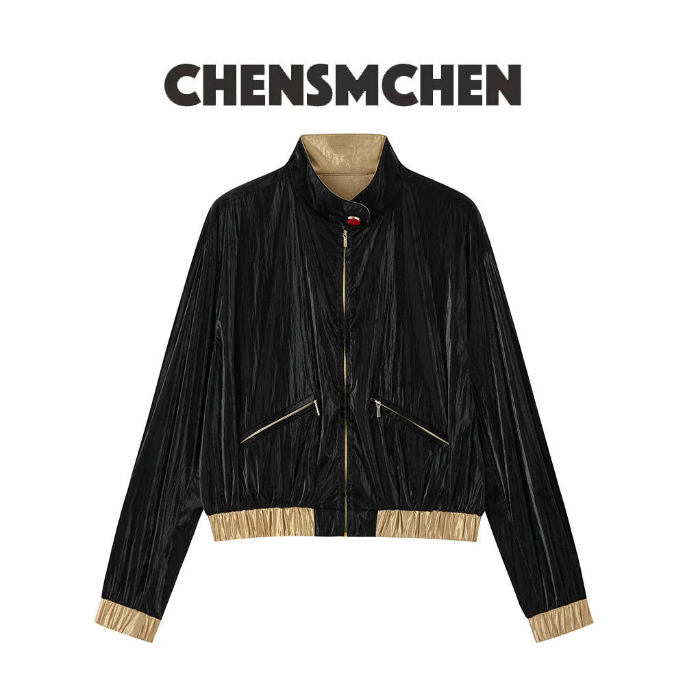 CHENSMCHEN秋季黑金撞色立领拉链夹克外套女C23W010