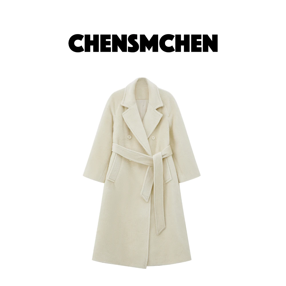 CHENSMCHEN 进口苏力羊驼毛系带呢大衣女秋冬气质外套C24D032MN