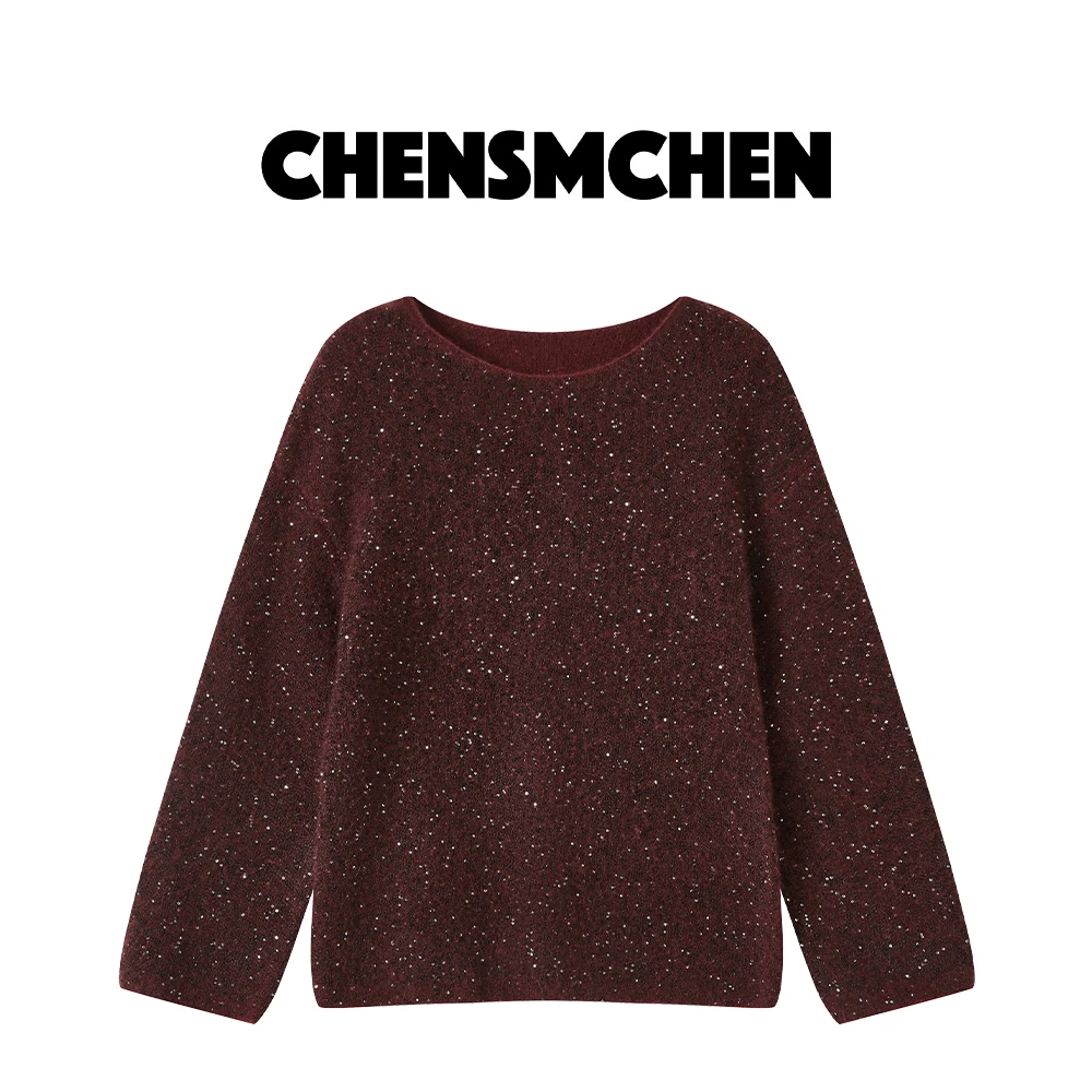 CHENSMCHEN 绵羊毛亮皮圆领毛衣女秋冬纯色气质百搭上衣C24M088SL