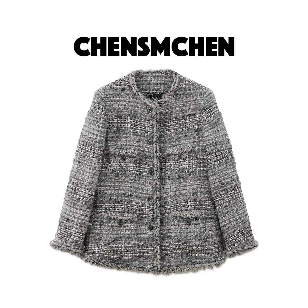 CHENSMCHEN 90白鹅绒编织粗花呢羽绒小香女秋季百搭外套C24Y005YQ