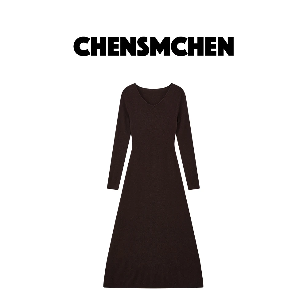 CHENSMCHEN 100绵羊毛收腰连衣裙女冬季显瘦长袖裙子C24L106TT