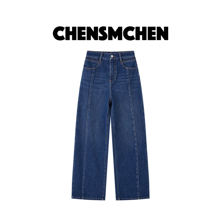 CHENSMCHEN 简约复古牛仔裤女休闲蓝色宽松直筒阔腿裤CSN6111MX