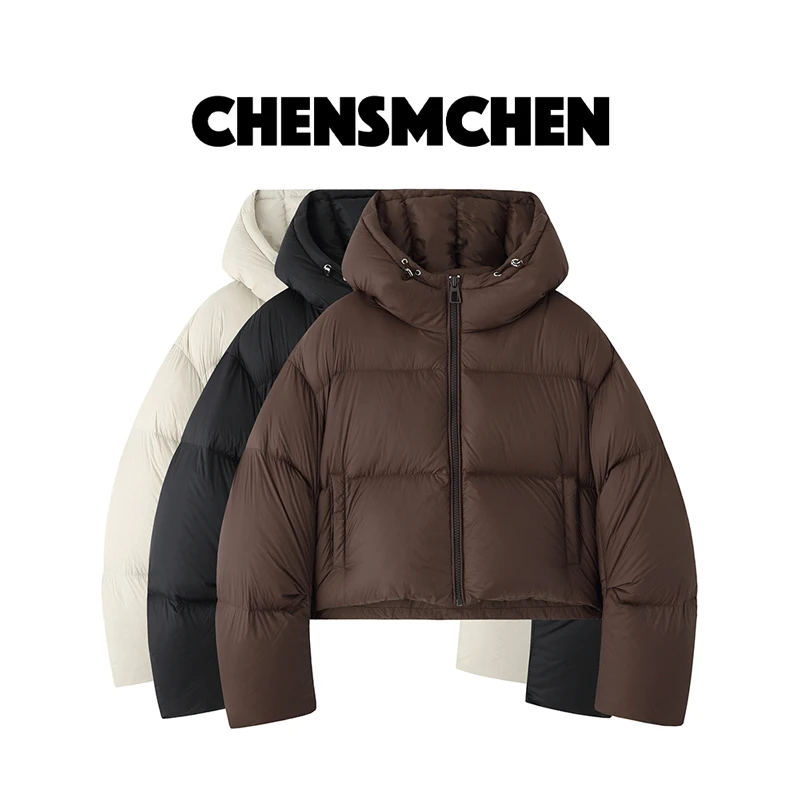 CHENSMCHEN 90白鸭绒羽绒服女款秋冬设计感连帽短款面包服C23Y010