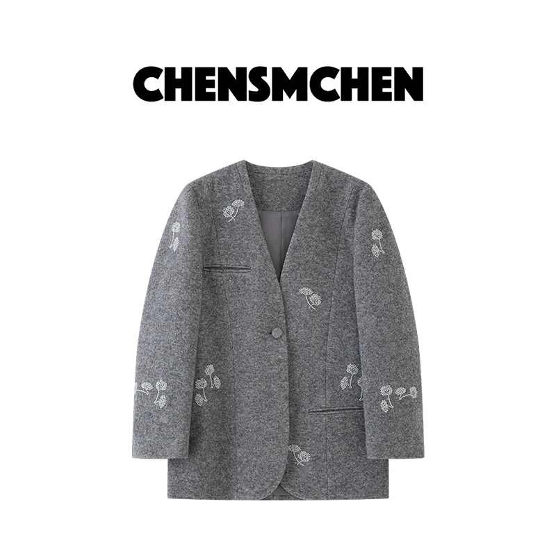 CHENSMCHEN 绵羊毛V领绣花毛呢西装女秋冬灰色百搭上衣C24W047MX
