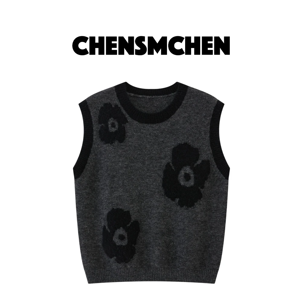 CHENSMCHEN绵羊毛圆领无袖套头毛衣女宽松百搭显瘦背心C24M027SL