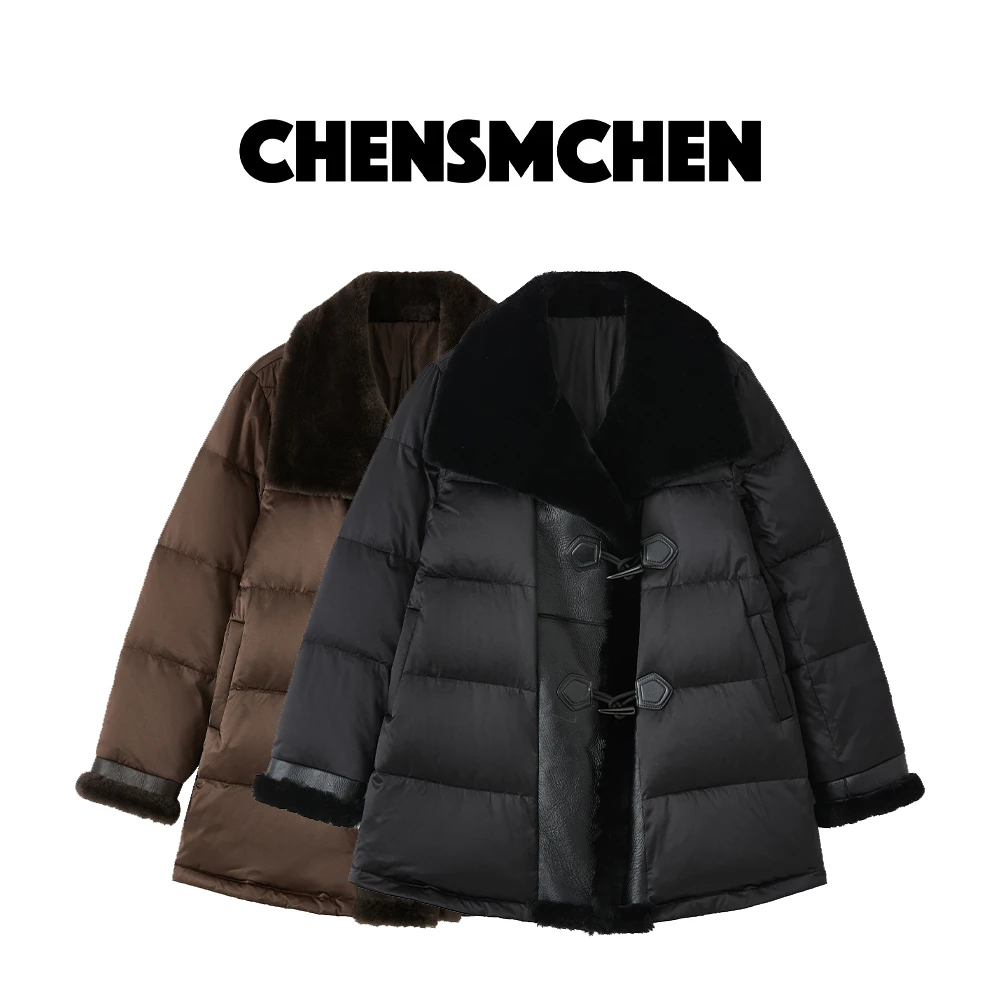 CHENSMCHEN 90新国标白鹅绒服女冬季羊毛领设计感羽绒服C24Y031MN