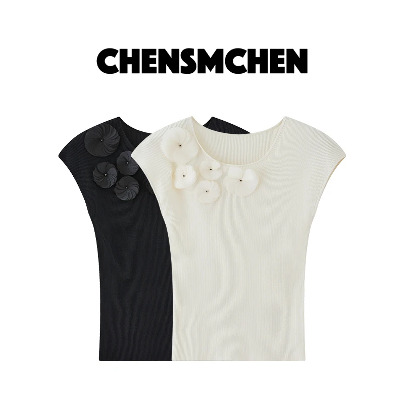CHENSMCHEN 手工裁花无袖T恤女夏季新款设计感百搭上衣C24B033YQ