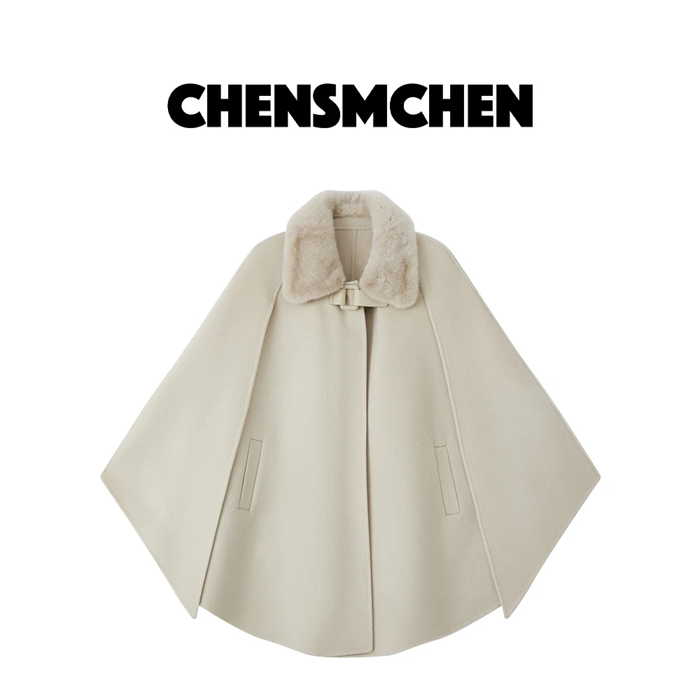 CHENSMCHEN 进口水貂领绵羊毛毛呢外套女百搭设计感大衣C24D047YQ