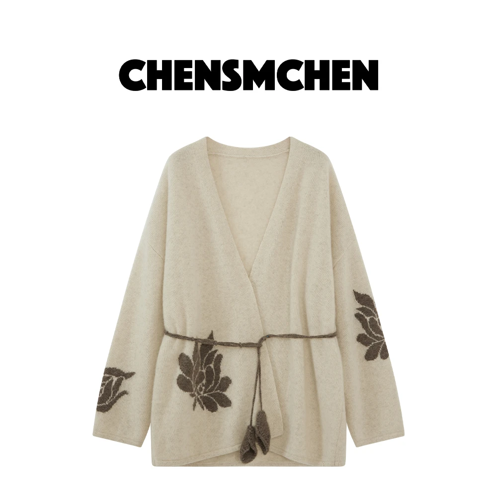 CHENSMCHEN 牦牛绒系带V领简约外套女秋季百搭宽松开衫C24W080YQ