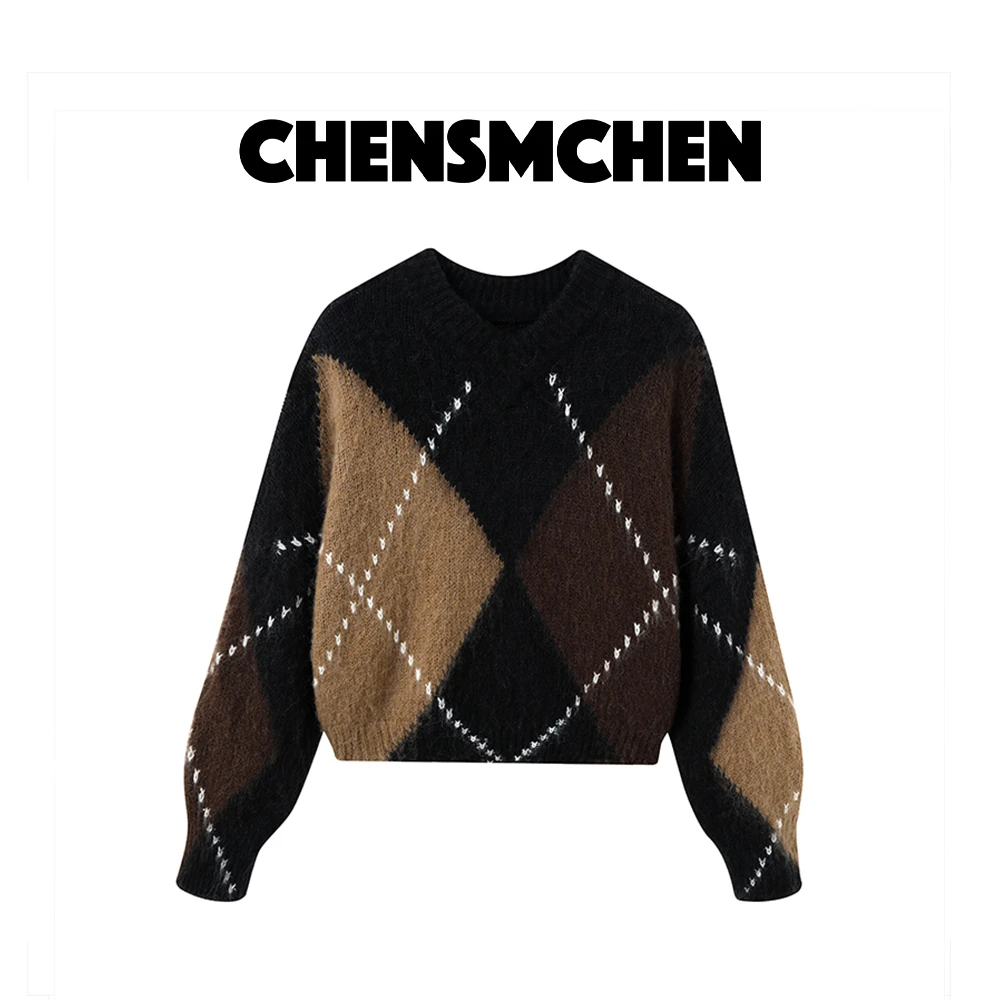 CHENSMCHEN菱格马海毛圆领毛衣女设计感慵懒风小众外套C24M002